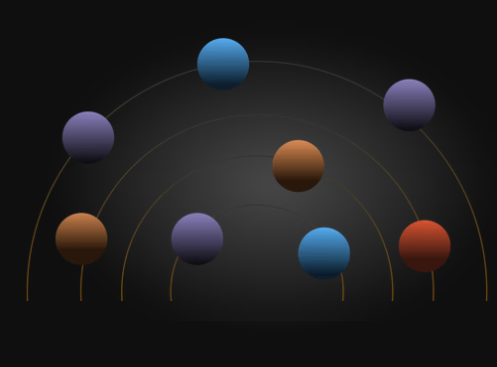 Spheres rising along orbital arcs, representing a full team behind each launch