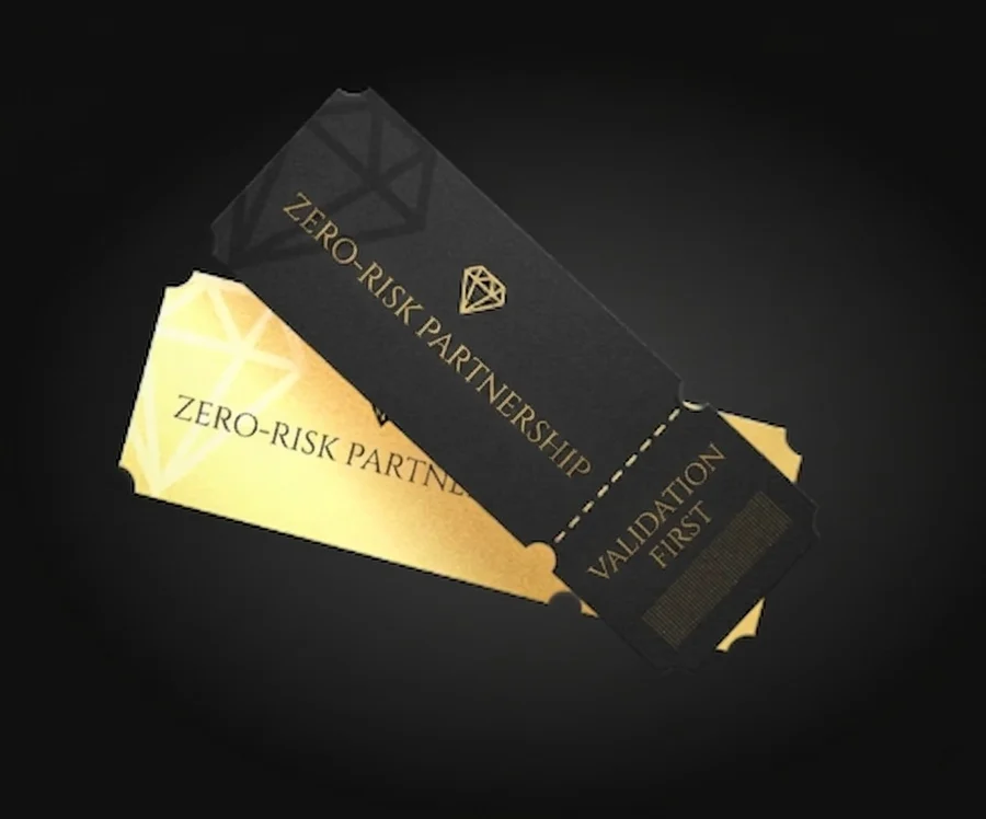 Two zero-risk partnership tickets, one gold and one black, with a validation-first stub